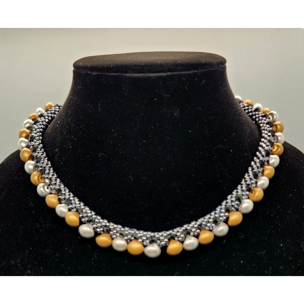 Lovely Beaded Choker Collar Necklace. Gold, Silver, Red. 16" Vintage Inspired - Picture 2 of 3